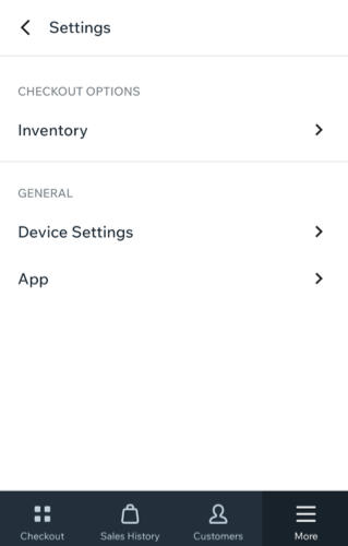 Captura de pantalla de la pestaña Más en el lector de tarjetas Go de Wix POS.
