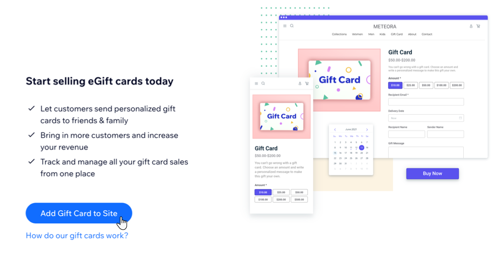 Image of the gift card page in the Wix dashboard