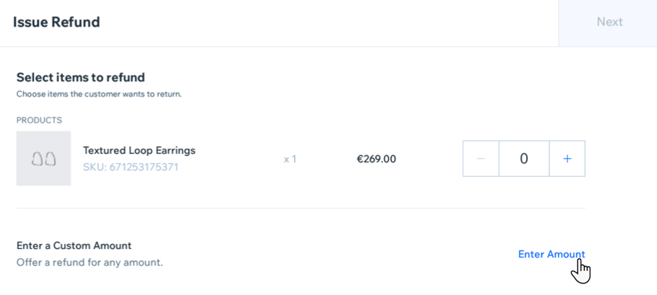 Screenshot of tapping Enter Amount in order to refund a specific amount of money.