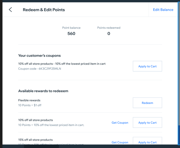 Screenshot of the screen where you can manage a customer's loyalty points in Wix POS Register.