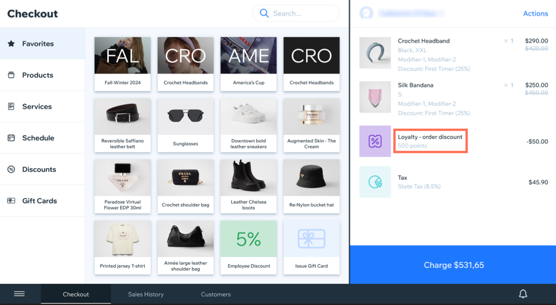 Screenshot of the Checkout page in Wix POS Register with a loyalty discount outlined.
