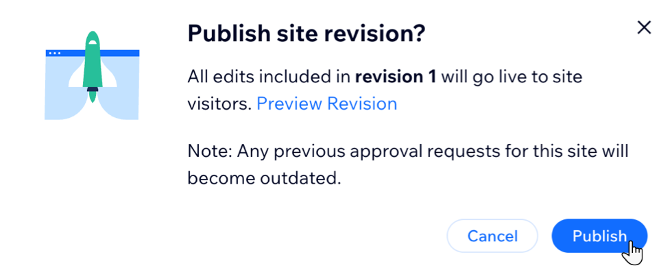 Screenshot of publishing requested changes made to a site.
