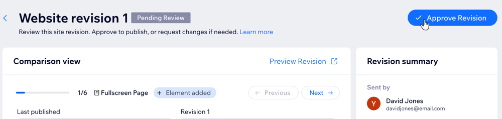 Screenshot of approving a revision in the Approvals tab on the enterprise dashboard.