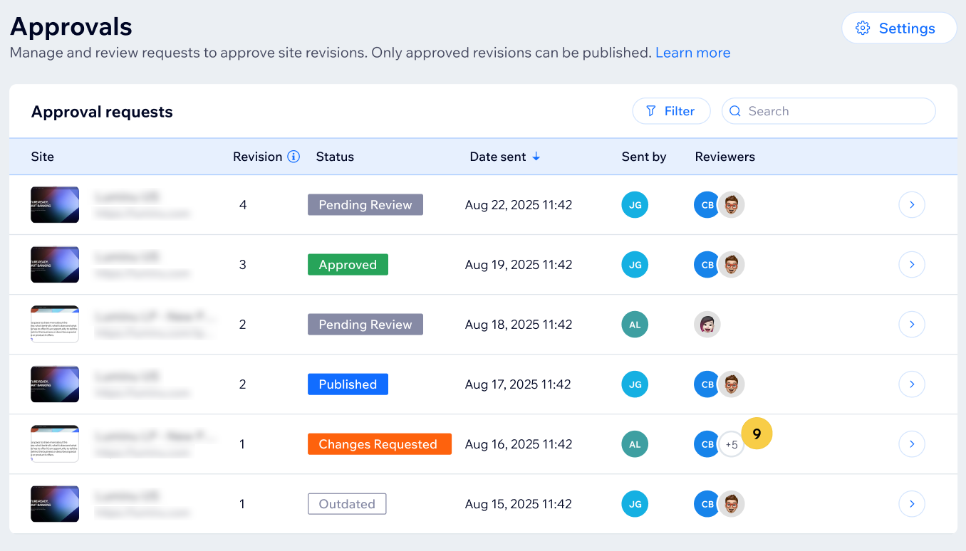 Screenshot of the Approvals tab on the enterprise dashboard.