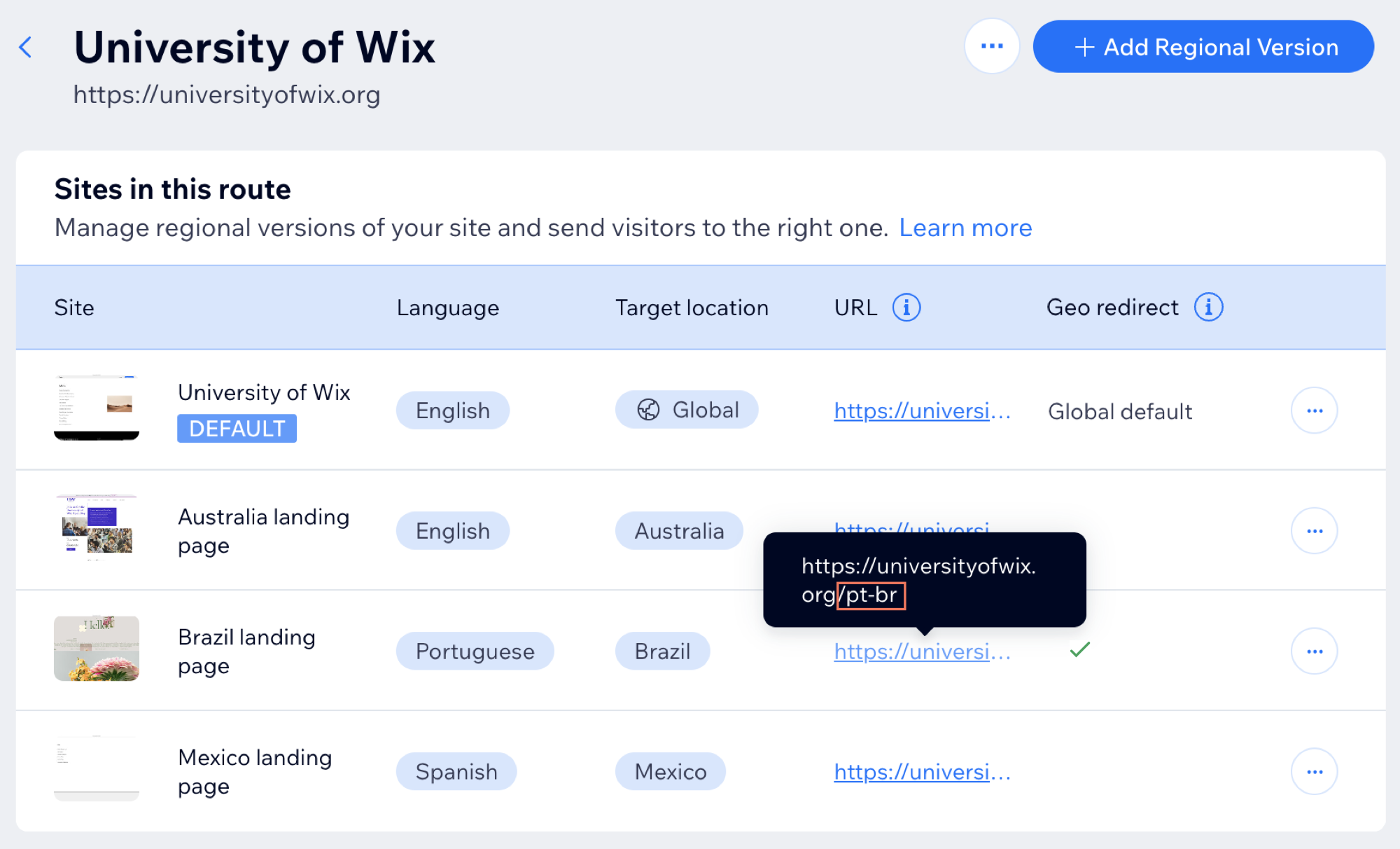 Screenshot of regional sites for Australia, Brazil and Mexico. Geo redirect is enabled for Brazil.