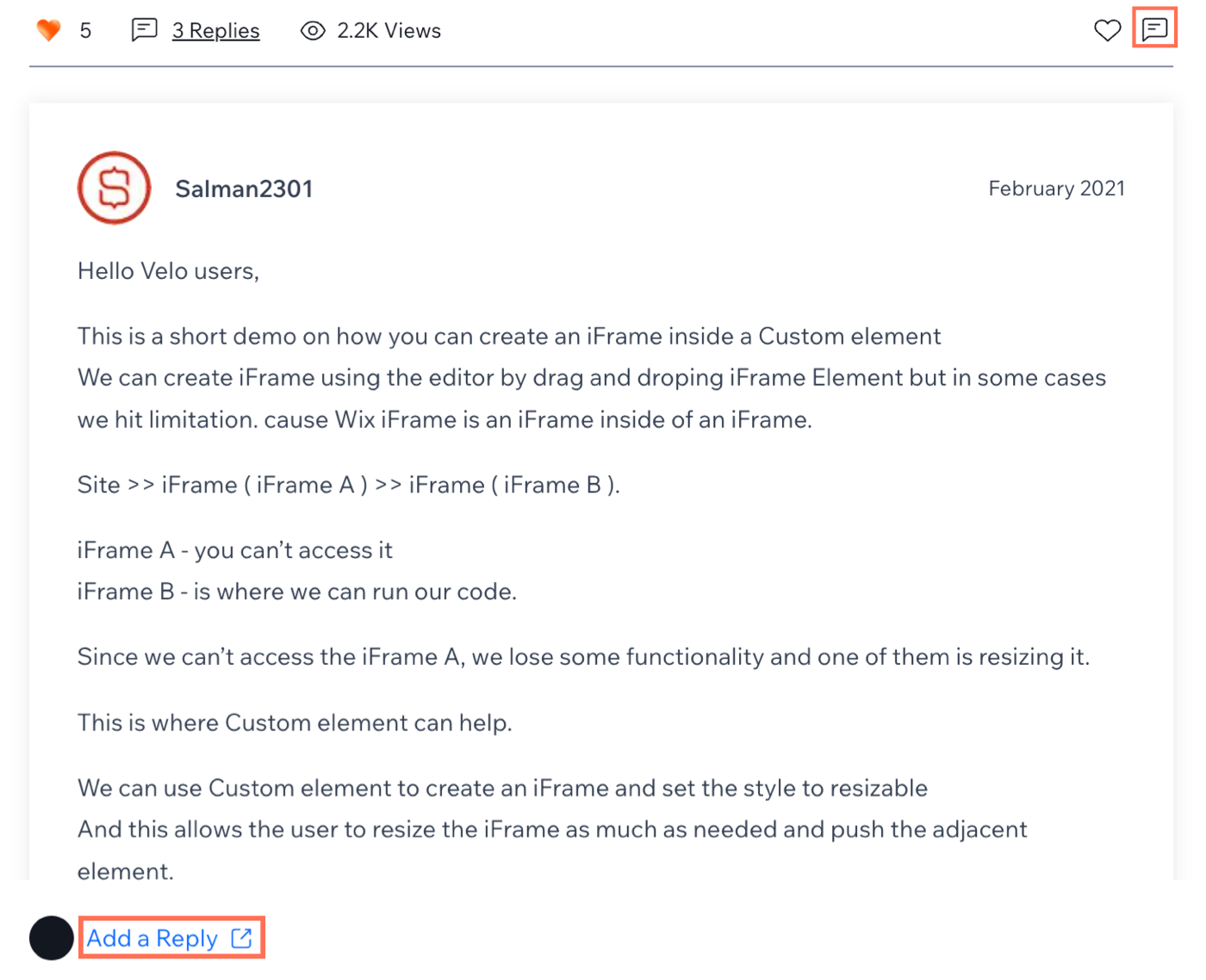 Screenshot of a topic, highlighting the two ways to reply to it.