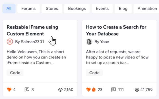 Screenshot of selecting a topic in the Learn From the Community tab in the Studio Editor.