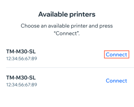 Screenshot of selecting a printer to connect to the Wix POS Go.