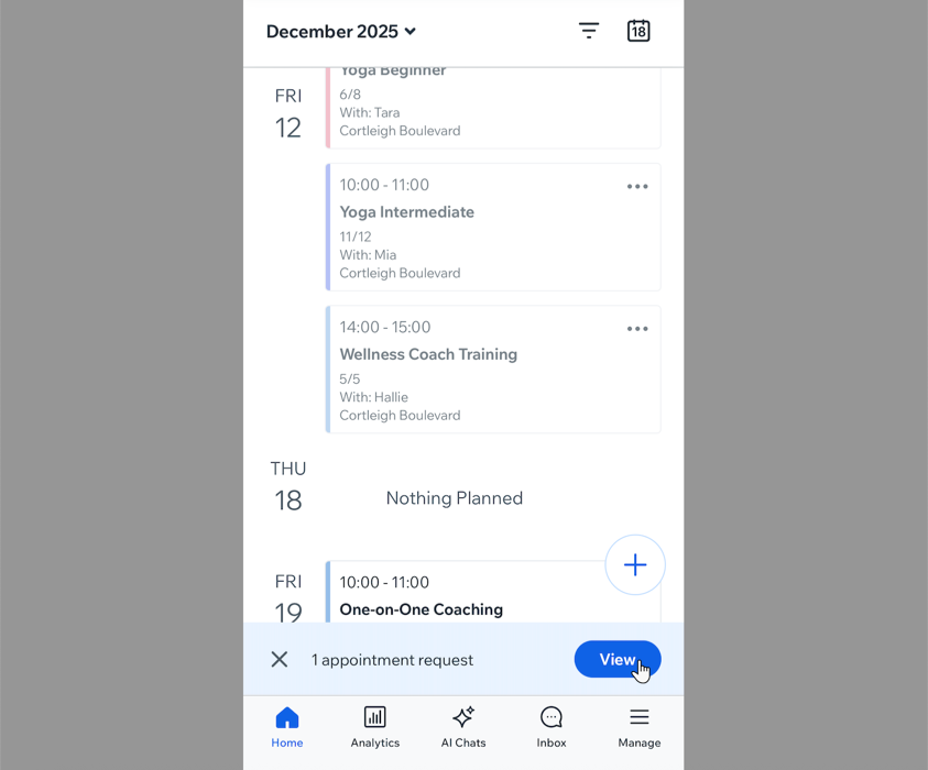 A screenshot showing the Booking Calendar in the Wix app.