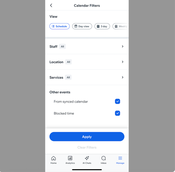 A screenshot of where to add filters from your Wix app.