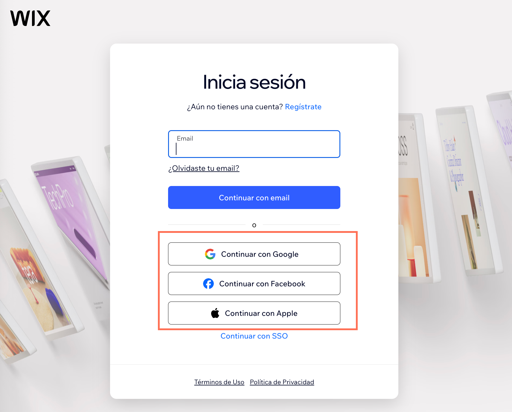 Captura de pantalla de inicio de sesión. Las redes sociales están resaltadas