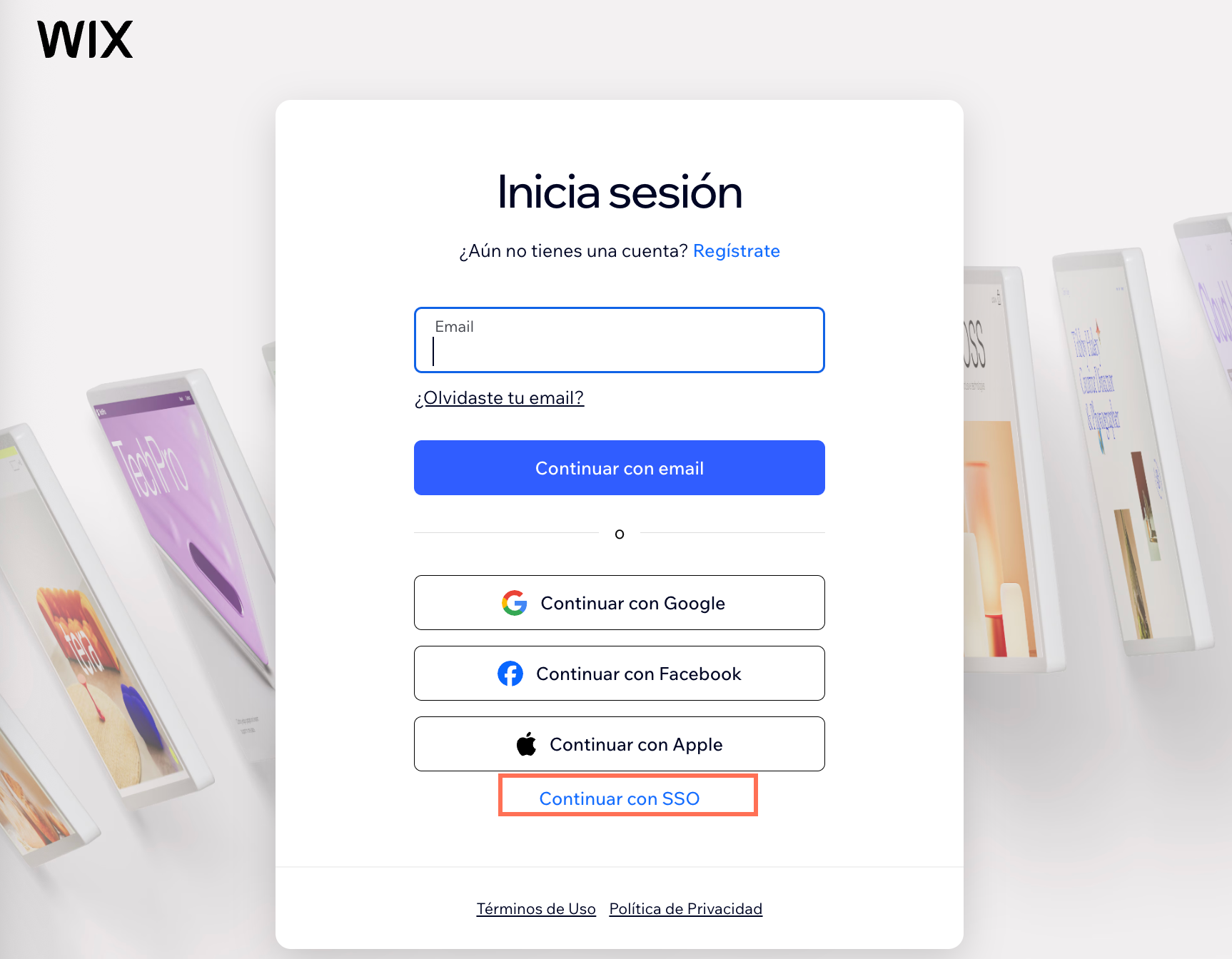 Captura de pantalla de inicio de sesión. Continuar con SSO está resaltado