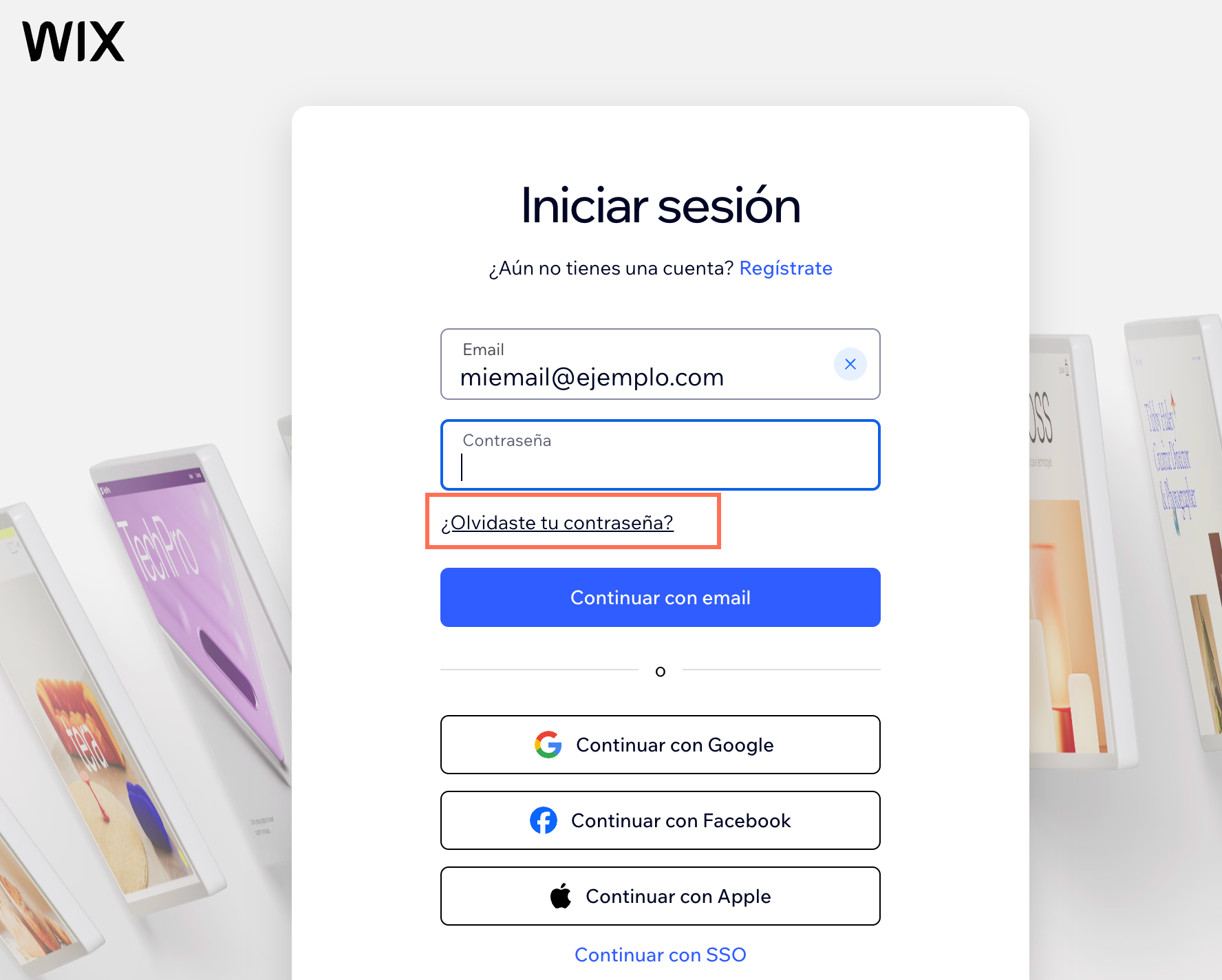 Pantalla de inicio de sesión en Wix. Olvidaste tu contraseña está resaltado