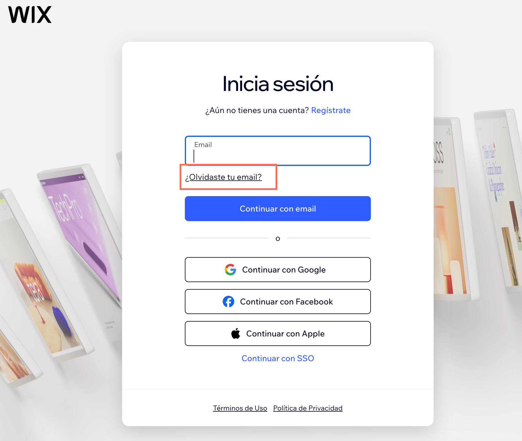 Pantalla de inicio de sesión en Wix. Olvidaste tu email está resaltado
