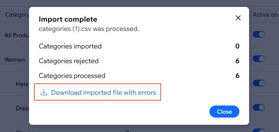 The Import complete window with the Download imported file with errors option highlighted.