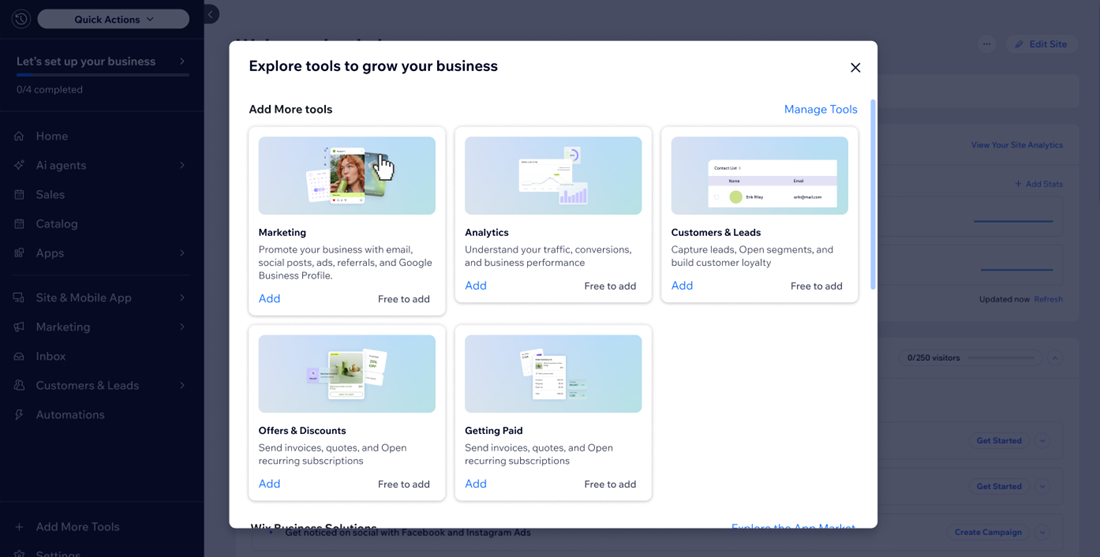 A screenshot of the Explore tools to grow your business menu in the dashboard.