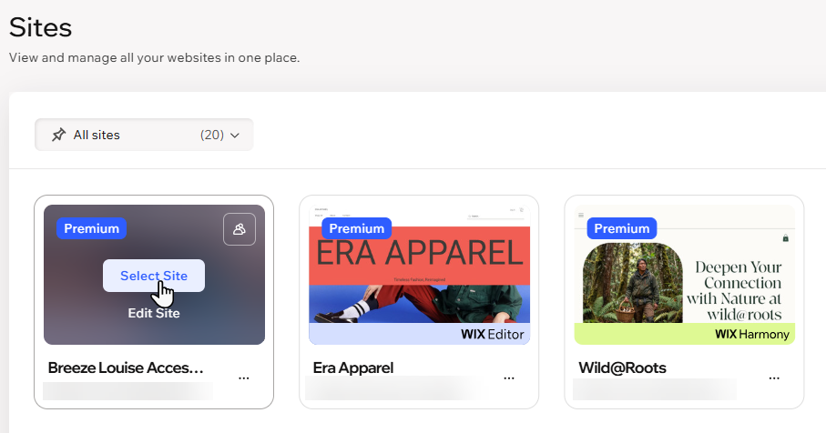 Wix में अपनी साइट के डैशबोर्ड पर साइट सिलेक्ट करने का स्क्रीनशॉट।
