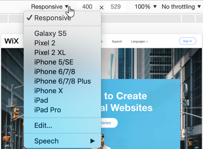 Screenshot of clicking the Responsive drop-down to select a device to emulate.
