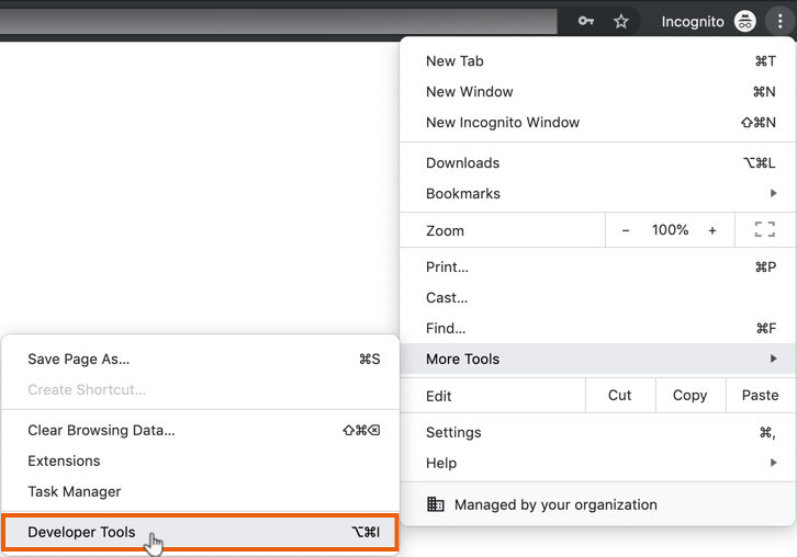 Screenshot of going to Developer Tools in Google Chrome.