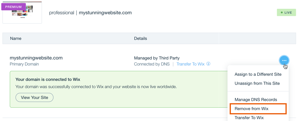 A screenshot showing the Remove from Wix option for a connected domain.