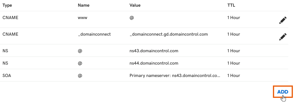 A screenshot showing how to add an A record in a GoDaddy account.