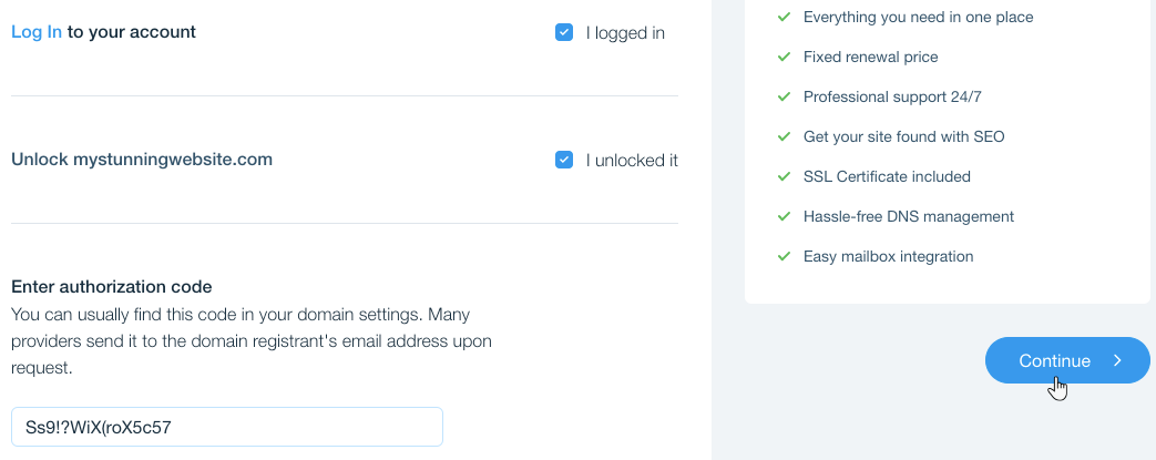 Domain transfer flow with Continue button