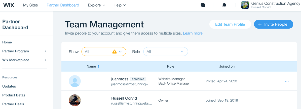 team management page,