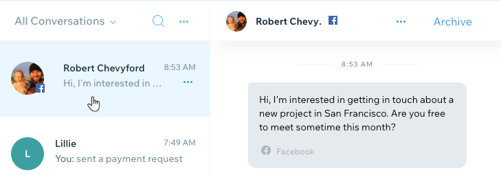 A screenshot of a Facebook message in Wix Inbox.