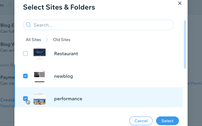 sites and folders options,