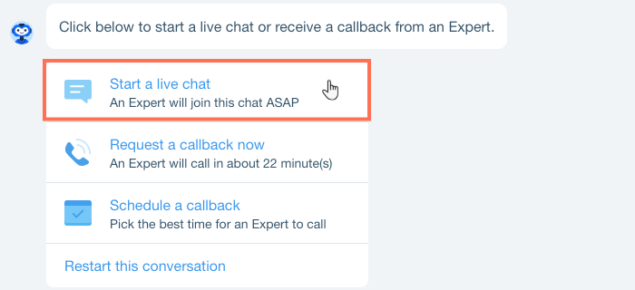 A screenshot of selecting the Live Chat option when contacting Wix Customer Care.