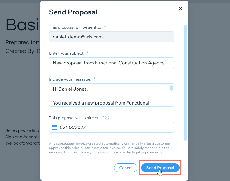 A screenshot of sending your proposal to your client.