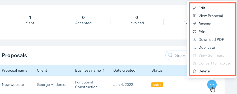 Uma captura de tela ao clicar no ícone de mais ações ao lado de uma proposta e selecionar uma das opções.