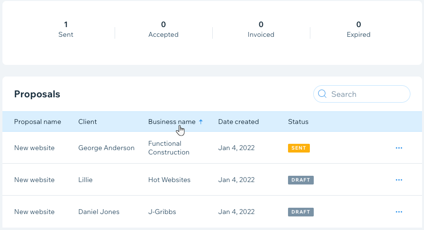 A screenshot of your proposal tab with an overview of proposals sent, accepted, invoiced and expired.