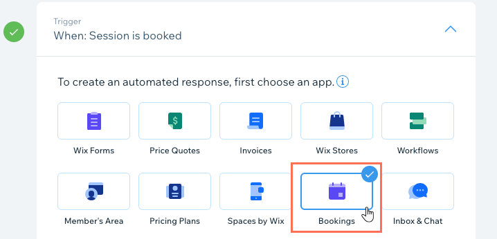 Screenshot che mostra come selezionare un'azione di Wix Bookings sul tuo sito come trigger