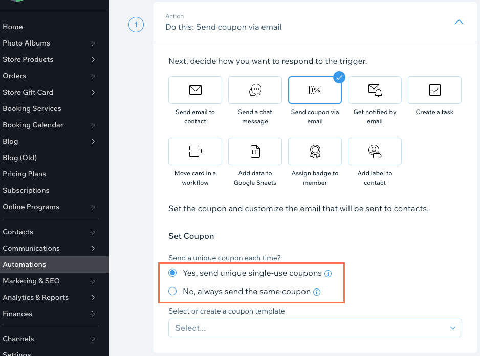Wix Automations: Sending a Discount Coupon by Email, Help Center