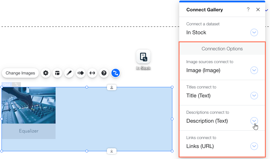 Screenshot eines Galerieelements im Editor mit geöffnetem „Galerie verbinden“-Panel und hervorgehobenen Verbindungsoptionen