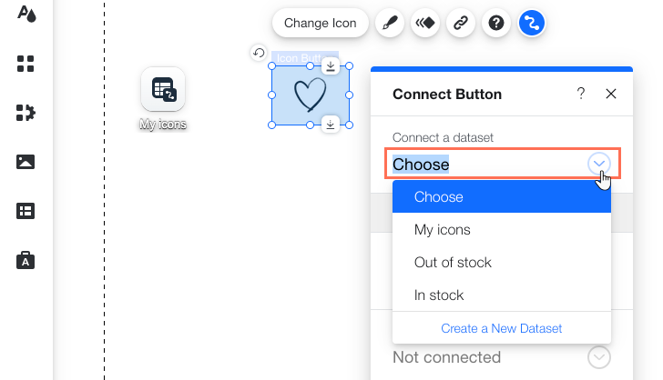 Une capture d'écran d'un élément de bouton dans l'Éditeur avec le panneau Connecter le bouton ouvert et le menu Connecter un ensemble de données mis en surbrillance