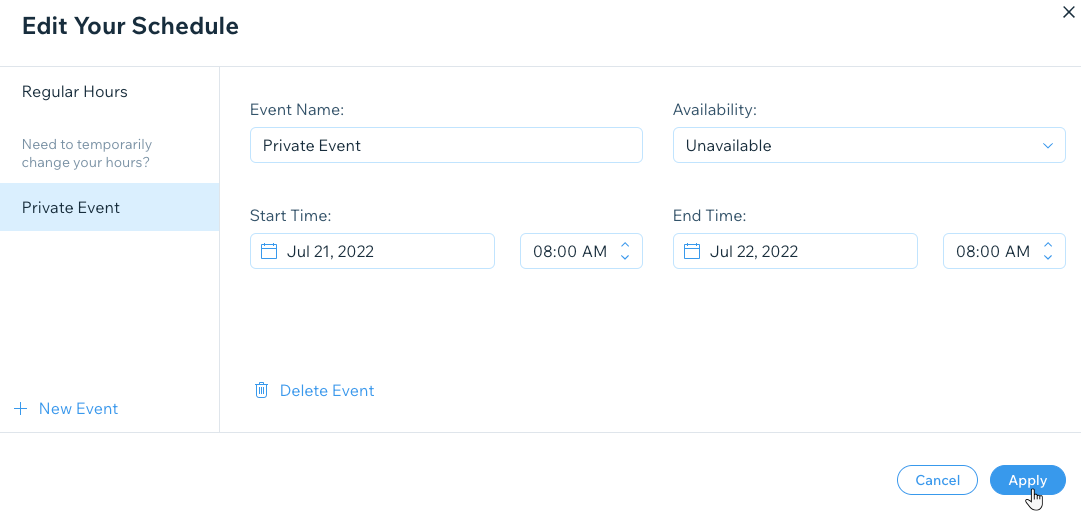 Screenshot of adding an event to your business hours