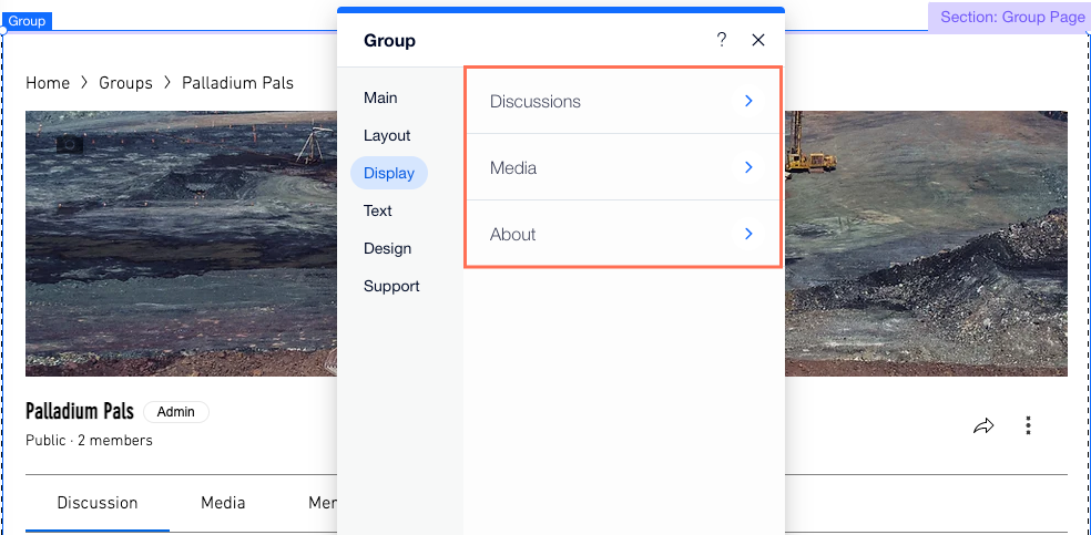 A screenshot of the Group Page's Display settings.