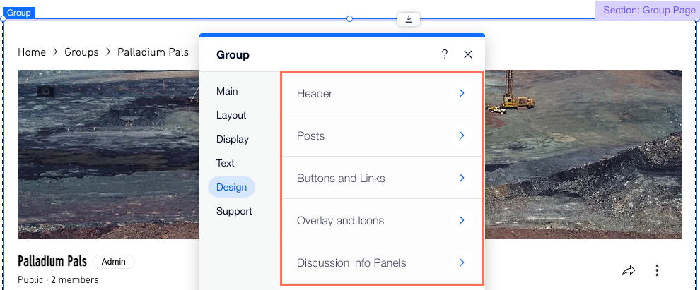 A screenshot of the Design tab in the group page settings.