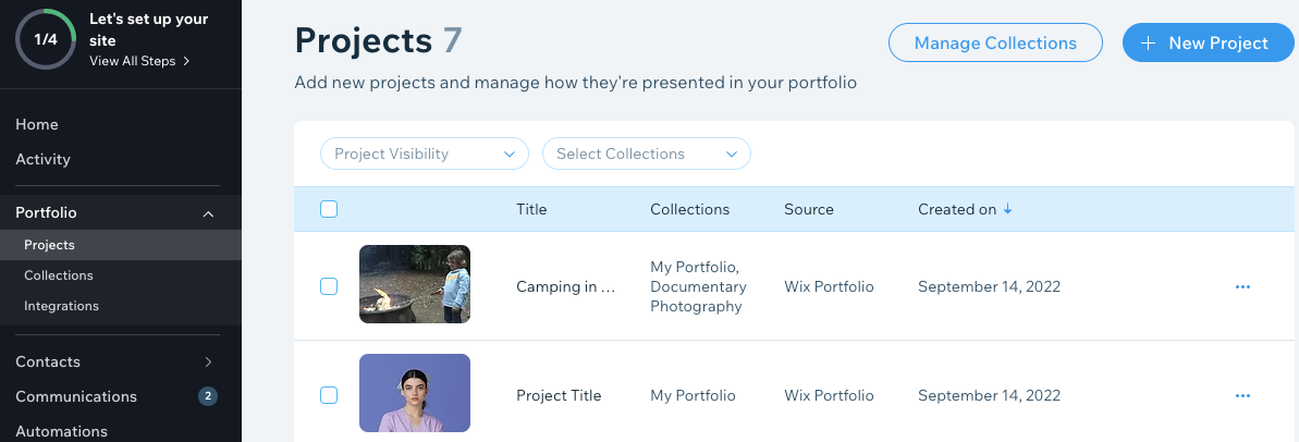 A screenshot of the Projects page of a portfolio in the site dashboard.