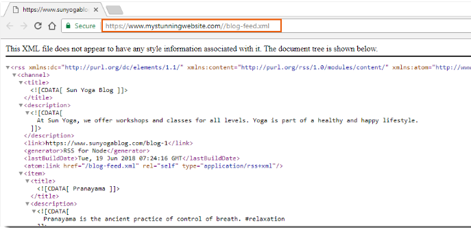 Screenshot, der die URL und XML-Datei eines Blog-Feeds zeigt