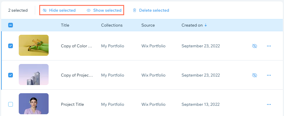 A screenshot of the 'Hide selected' and 'Show selected' options that appear after selecting projects.