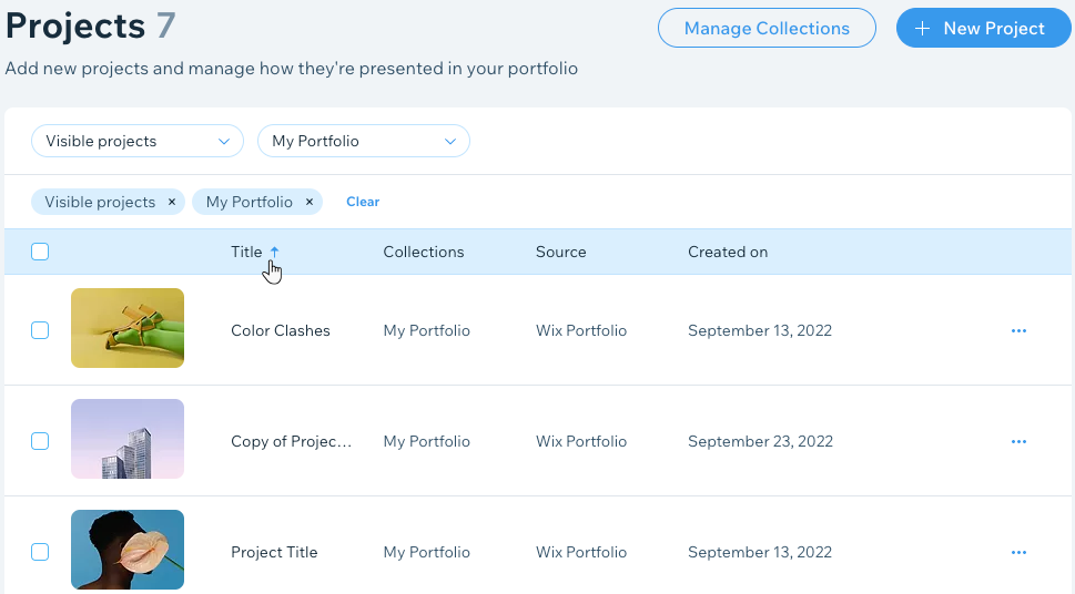 Uma captura de tela da classificação de uma lista de projetos.