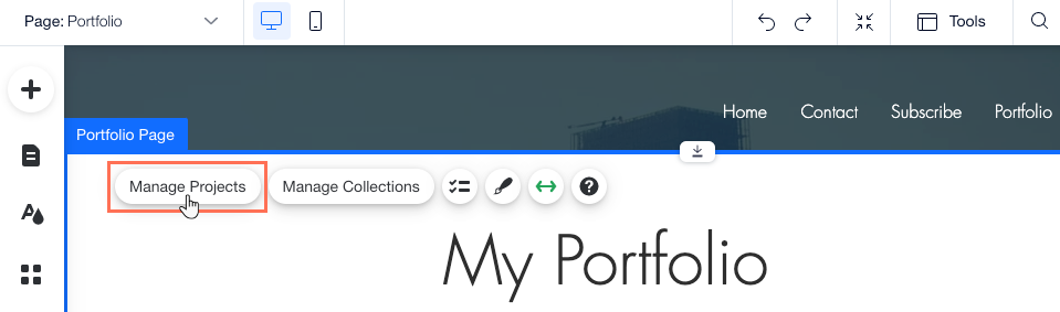 Une capture d'écran de la sélection de « Gérer les projets » dans l'élément de la page Portfolio.