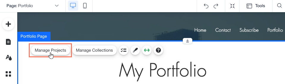 A screenshot of selecting 'Manage Projects' from the Portfolio Page element.