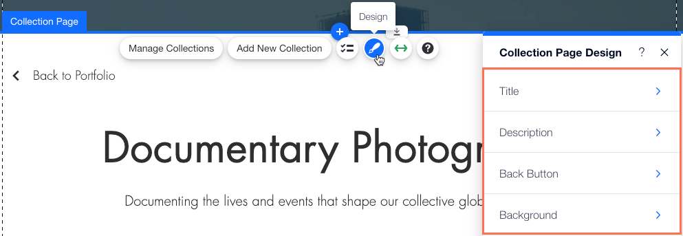 A screenshot of the Collection Page design settings.