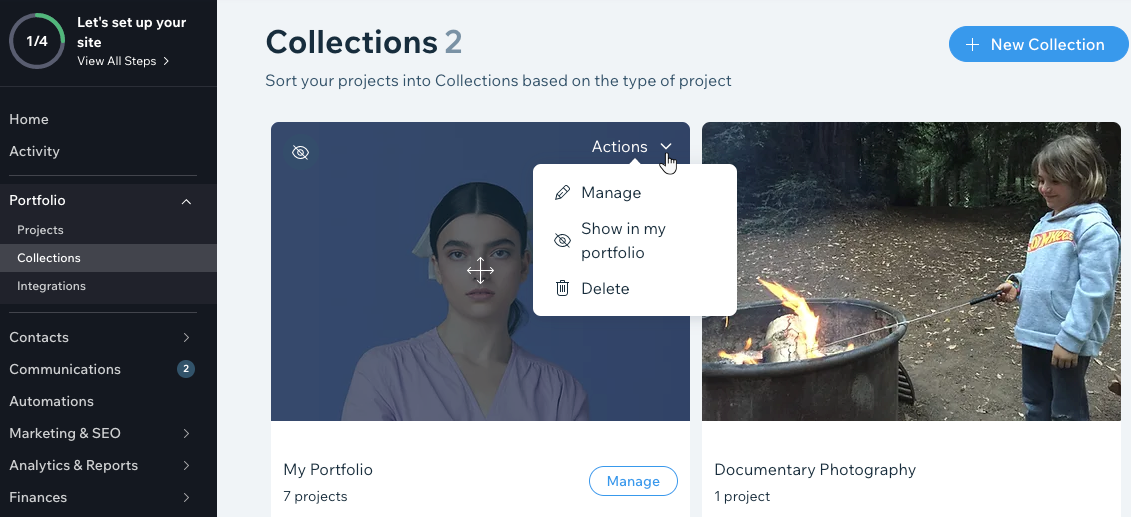 Une capture d'écran de la liste des collections dans Wix Portfolio.