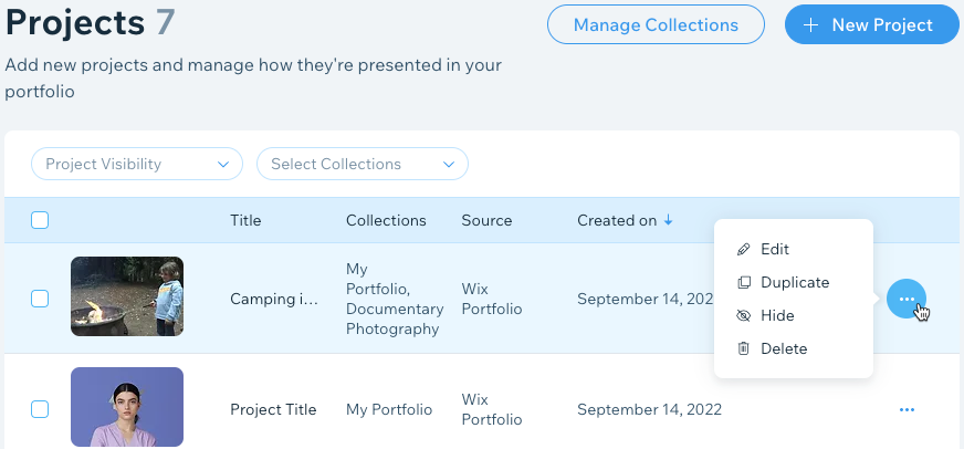 A screenshot of the projects list in Wix Portfolio.