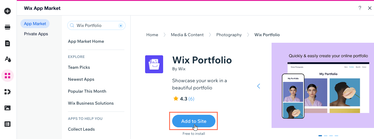 Screenshot, wie du Wix Portfolio über den App-Markt zu deiner Website hinzufügst